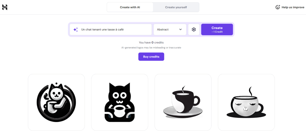 Utilisation du créateur de logo Hostinger pour créer des logos d'un chat tenant une tasse à café