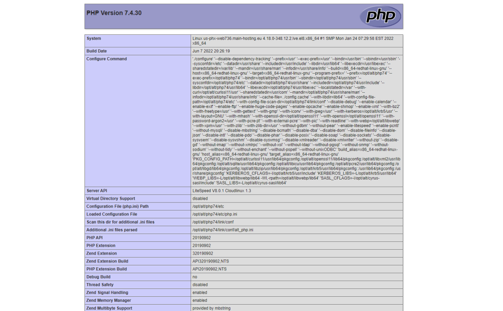 La page phpinfo.php lorsqu'elle est affichée sur un serveur
