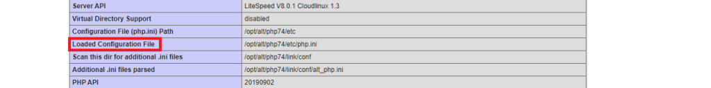 Ligne du fichier de configuration chargé dans le fichier phpinfo.php.