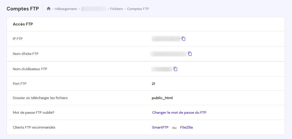 Informations d'identification du compte FTP sur hPanel