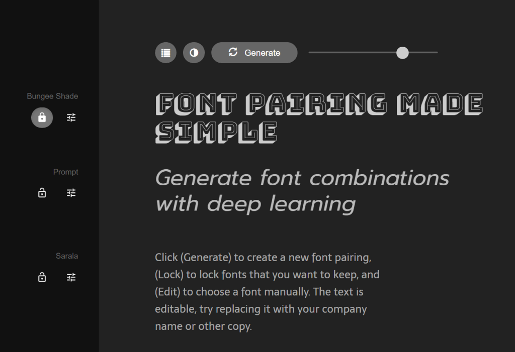 Interface utilisateur de Fontjoy, un générateur de polices de caractères alimenté par l'IA