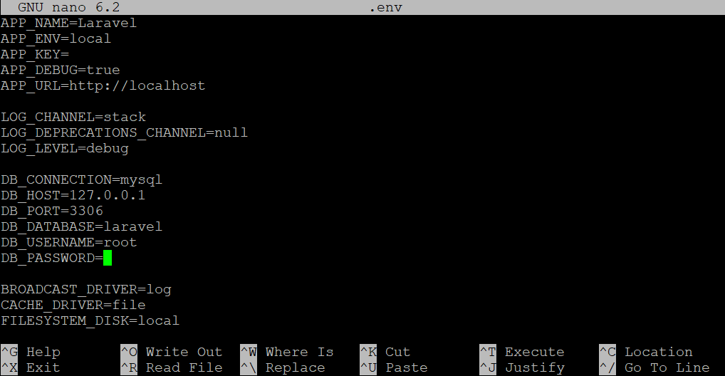 Contenu du fichier env de Laravel dans nano