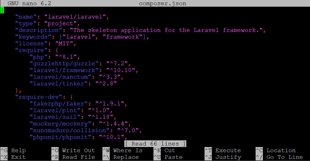 Contenu du fichier de configuration json de composer dans nano