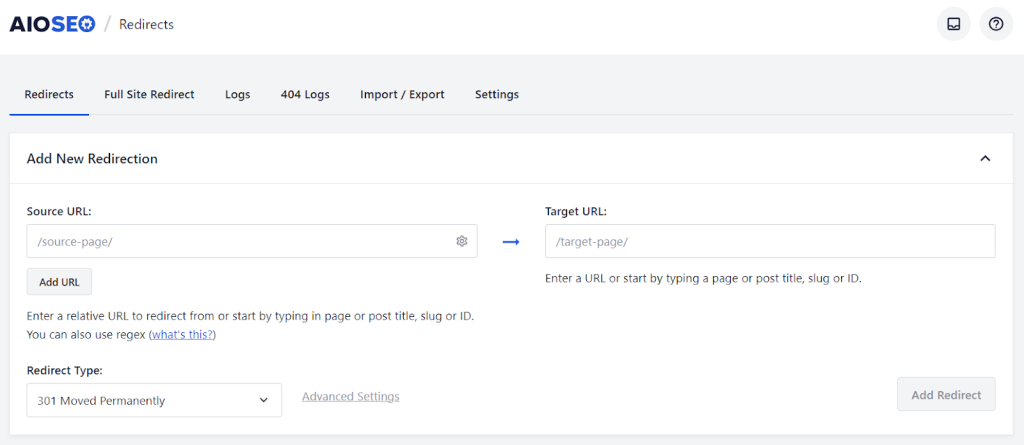 La fonctionnalité Redirections de AIOSEO dans le tableau de bord de WordPress