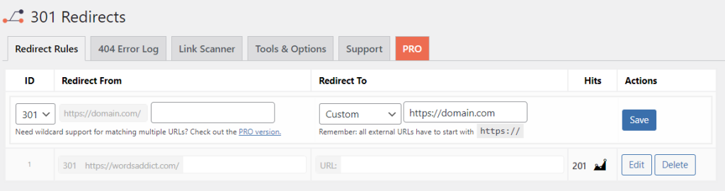 Le tableau de bord du plugin 301 Redirects de WordPress