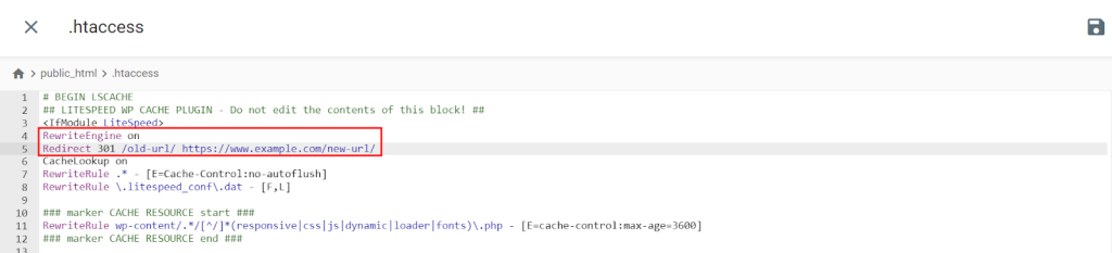 Le fichier .htaccess sur le répertoire racine de WordPress avec le code de redirection surligné en rouge