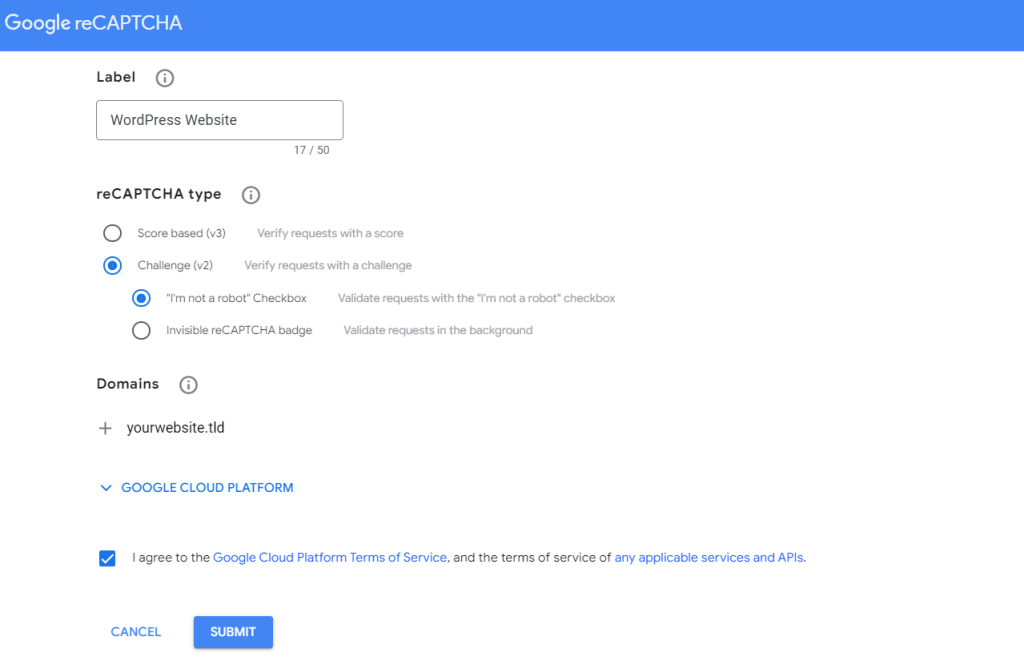 Page de génération de la clé API reCAPTCHA