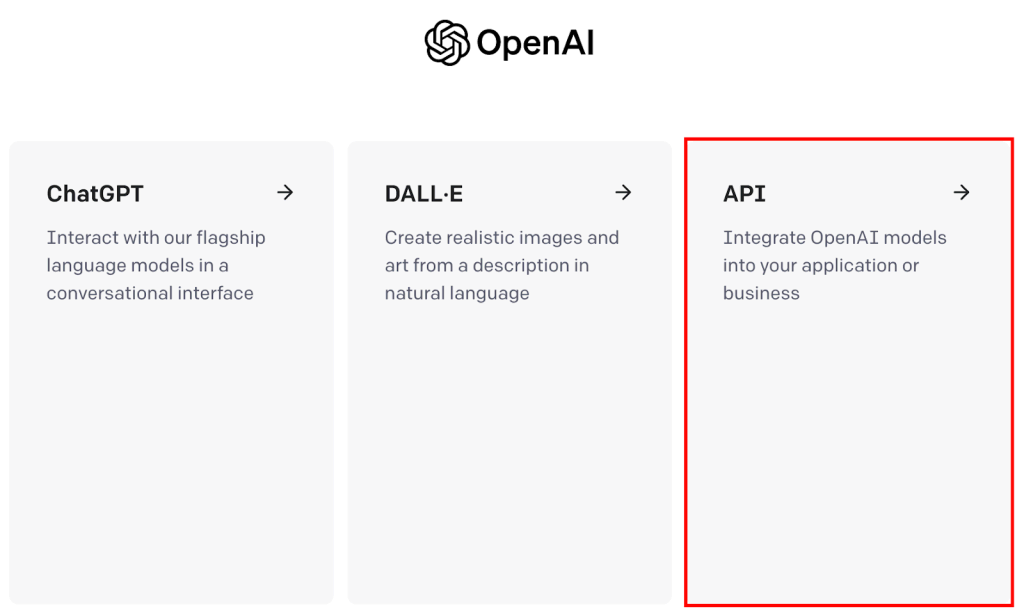 La page de sélection d'API du site web OpenAI