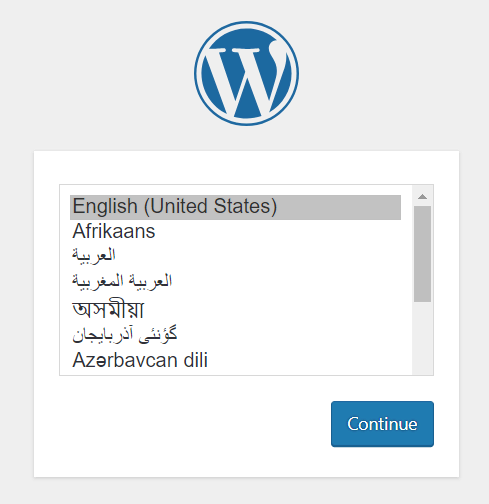 Menu de sélection de la langue d'installation de WordPress