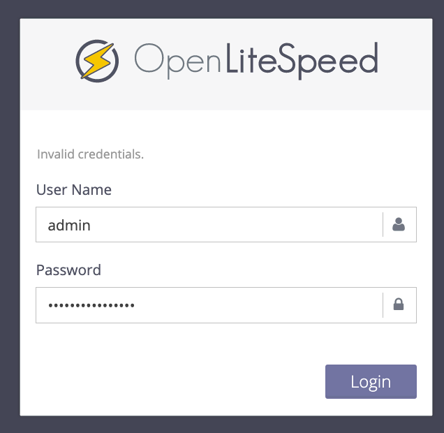 Page de connexion de l'Admin Web d'OpenLiteSpeed