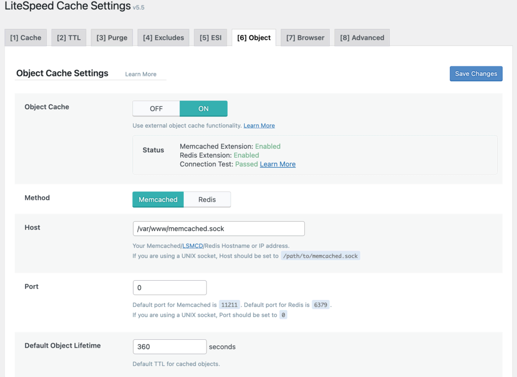 Réglages du plugin LiteSpeed Cache dans le tableau de bord de WordPress