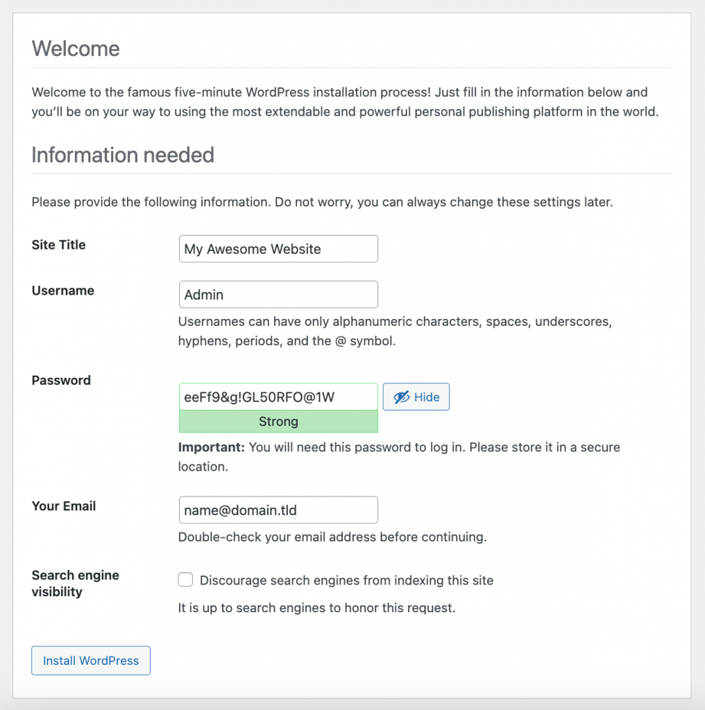 WordPress demande des informations à l'utilisateur pendant le processus d'installation