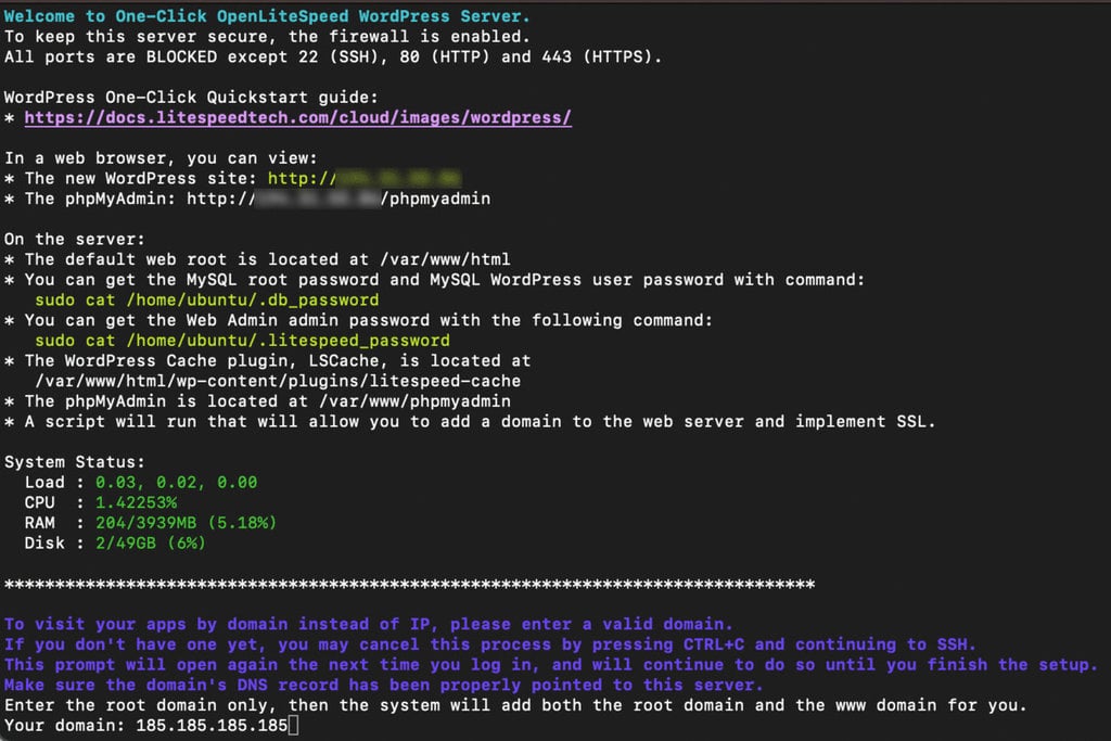 Le script interactif du terminal de navigateur demande le domaine du VPS de l'utilisateur.