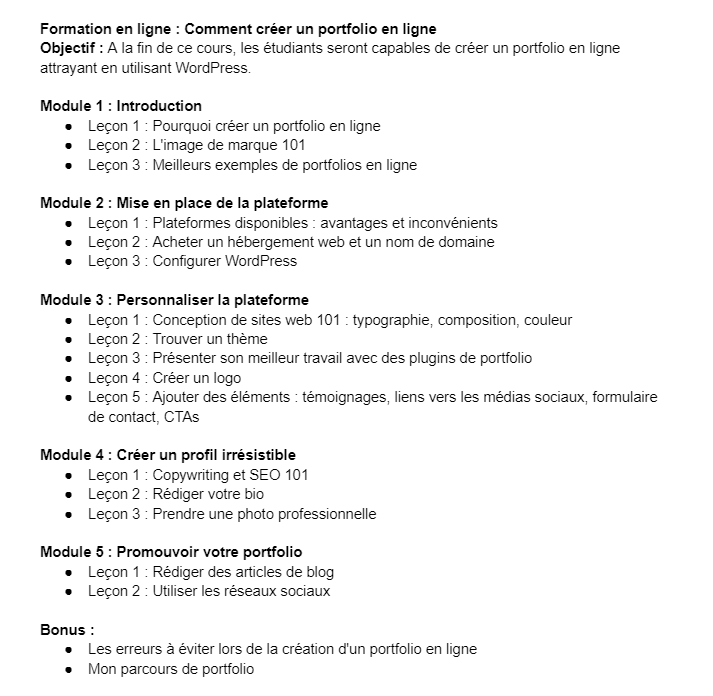 Exemple de plan de formation en ligne