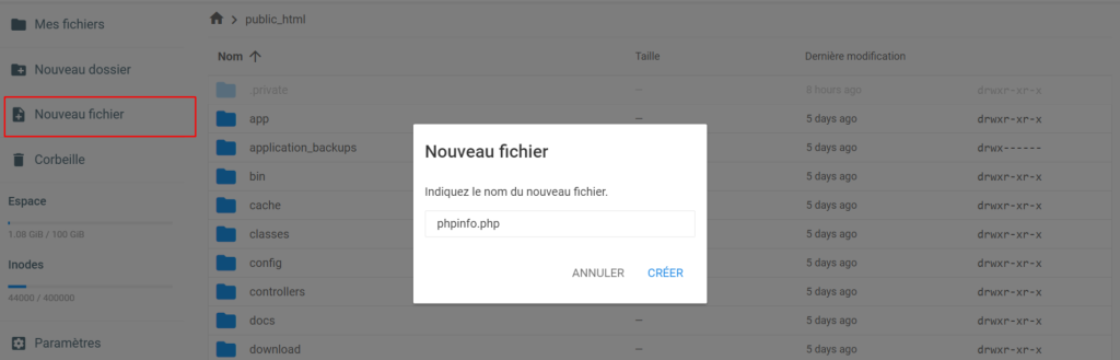 Bouton "Nouveau fichier" sur le gestionnaire de fichiers Hostinger