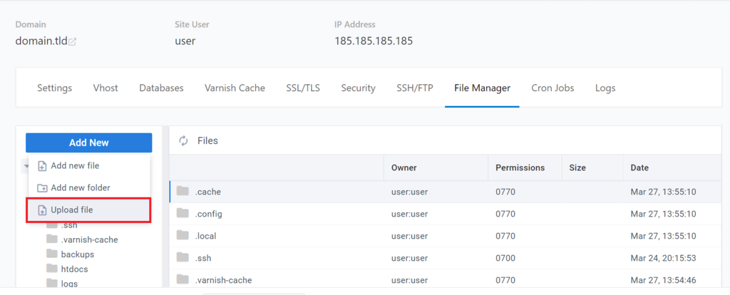 Le bouton Télécharger un fichier sur le gestionnaire de fichiers de CloudPanel
