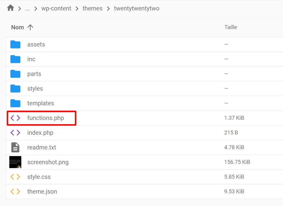 le fichier functions.php dans le répertoire du thème twentytwentytwo dans le gestionnaire de fichiers.