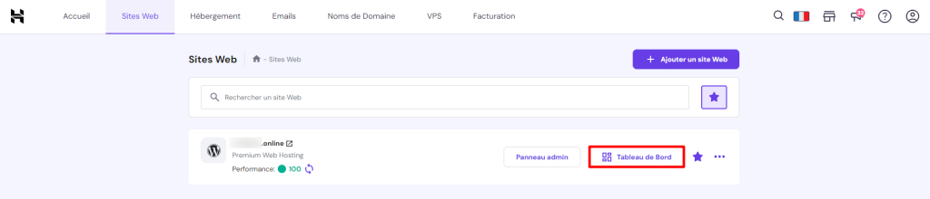 La section Sites web dans hPanel avec le bouton Tableau de bord surligné en rouge