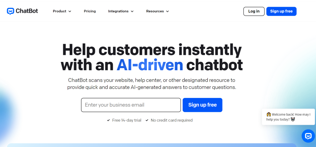 Page d'accueil de ChatBot, une plateforme de support client par chat en direct pilotée par l'IA
