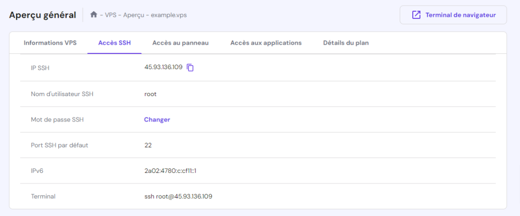 L'onglet Accès SSH dans le menu Aperçu du VPS de hPanel