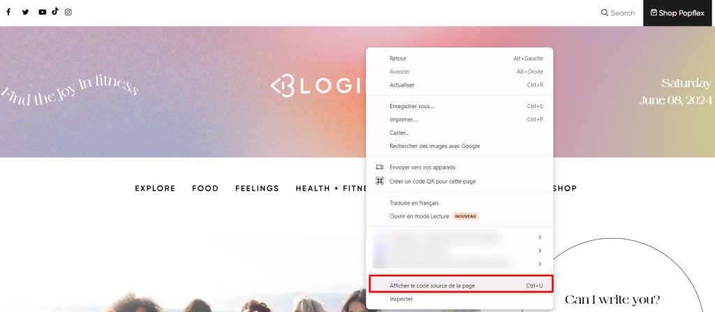 Menu Afficher le code source de la page sur le site de Blogilates