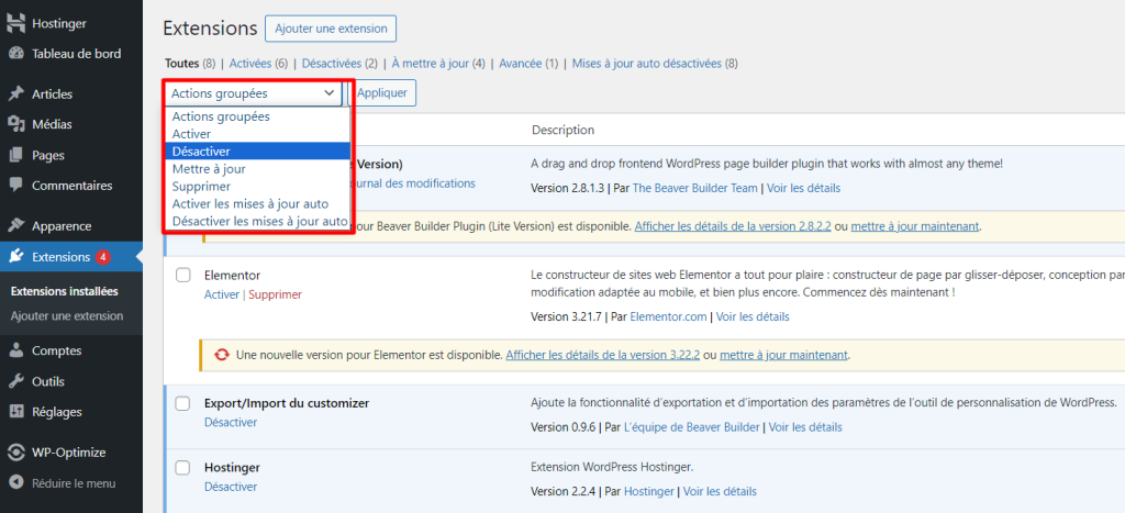 Menu des extensions dans WordPress avec la section désactiver mise en évidence