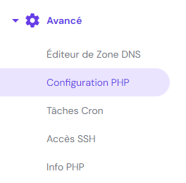 Section de configuration PHP sur hPanel