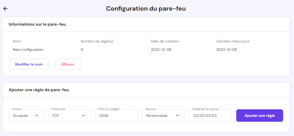 Configurer une nouvelle règle de pare-feu dans hPanel