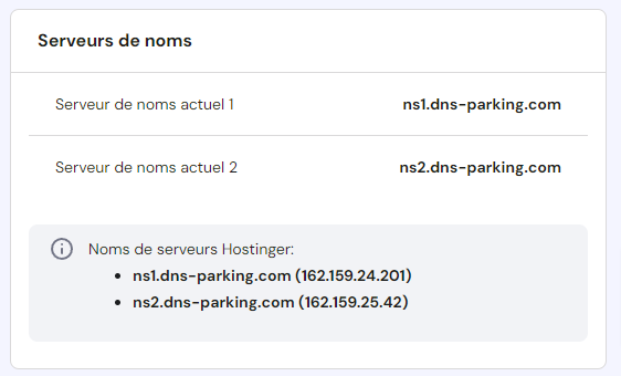 La section des détails sur hPanel affichant les serveurs de noms