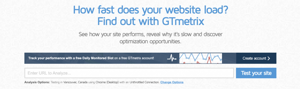 Page d'accueil de GTmetrix