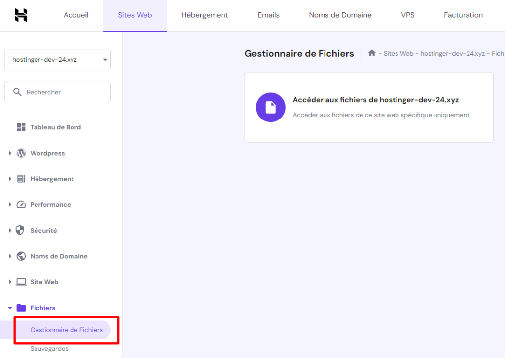 Page du gestionnaire de fichiers hPanel