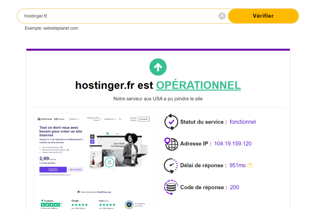 Résultat du temps de fonctionnement du site hostinger de website planet