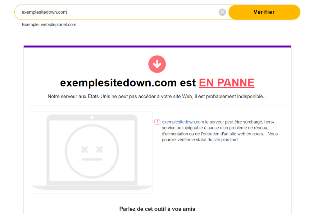 Exemple d'un site en panne sur Website Planet