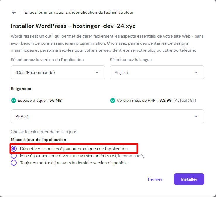 Sélectionner "Désactiver les mises à jour automatiques des applications" dans la fenêtre d'installation de WordPress de hPanel