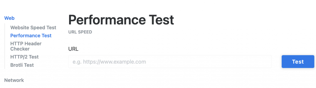 Page d'accueil KeyCDN avec l'option Performance Test sélectionnée