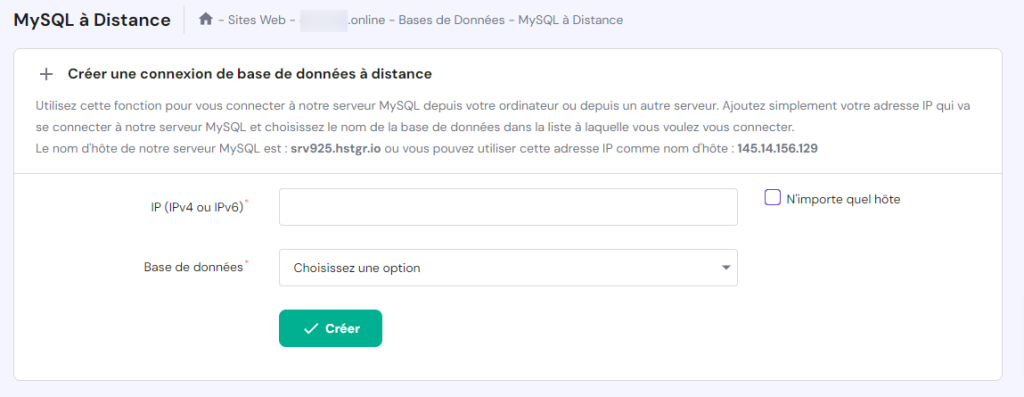 Le formulaire pour créer une nouvelle connexion à la base de données MySQL sur hPanel