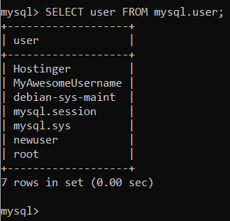 Résultat d'une requête MySQL affichant tous les utilisateurs créés dans une base de données MySQL.