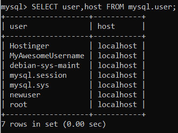 Requête MySQL affichant tous les utilisateurs ainsi que les hôtes.