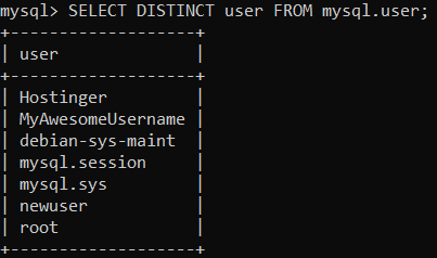 Requête MySQL pour afficher uniquement les noms d'utilisateur uniques dans une base de données MySQL donnée.