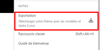 bouton exportation dans le menu Outils