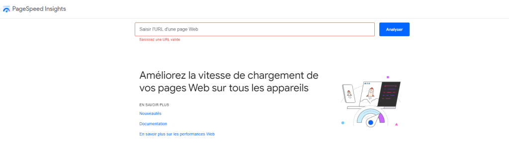 Page d'accueil de PageSpeed Insights