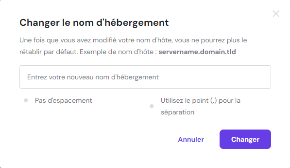 La section pour changer le nom d'hôte du VPS sur hPanel