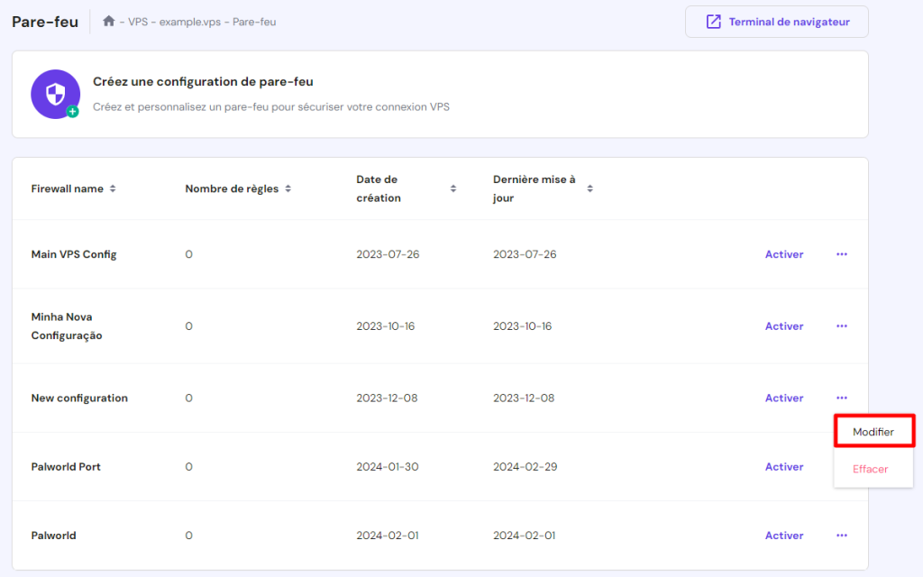 Paramètres du pare-feu du VPS Hostinger mettant en évidence l'option Modifier