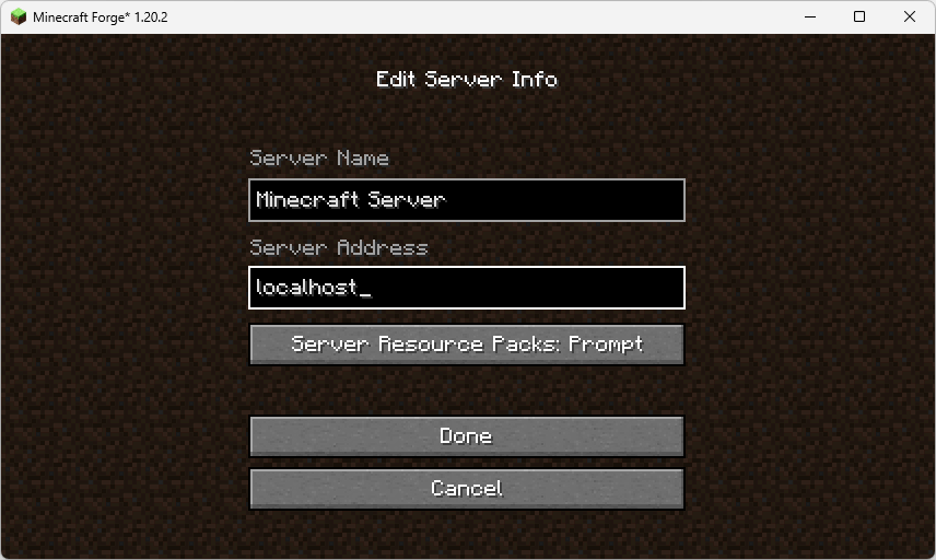 Écran modifier les info du serveur Minecraft avec le mot localhost écrit sous adresse de serveur