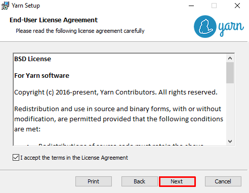 Le contrat de licence de l'utilisateur final de Yarn sur Windows