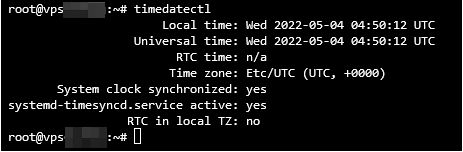 Résultat montrant que le fuseau horaire local du système est réglé sur UTC