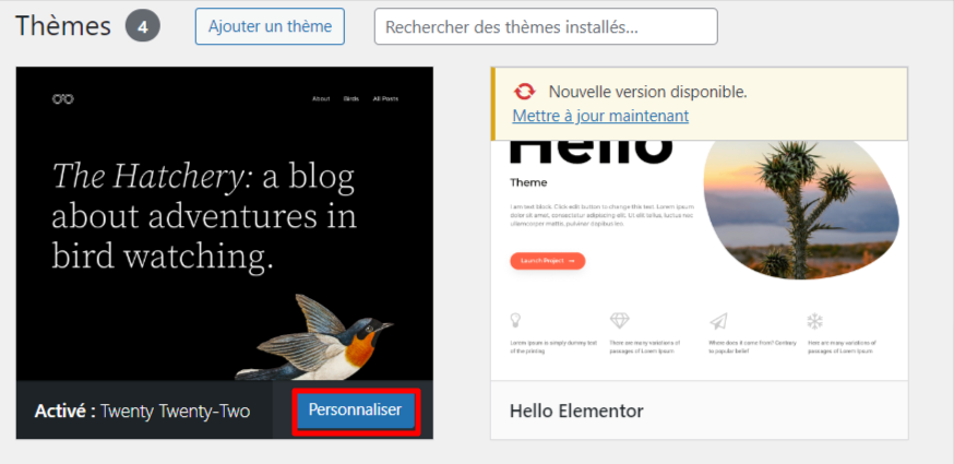 Menu Thèmes du tableau de bord de WordPress, mettant en évidence le bouton « Personnaliser » à côté du thème actif.