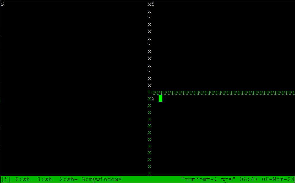 Une fenêtre tmux avec trois volets