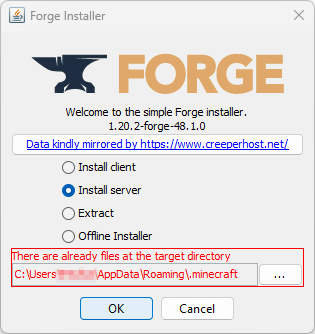 Installateur de Forge avec le bouton Installer le serveur en surbrillance