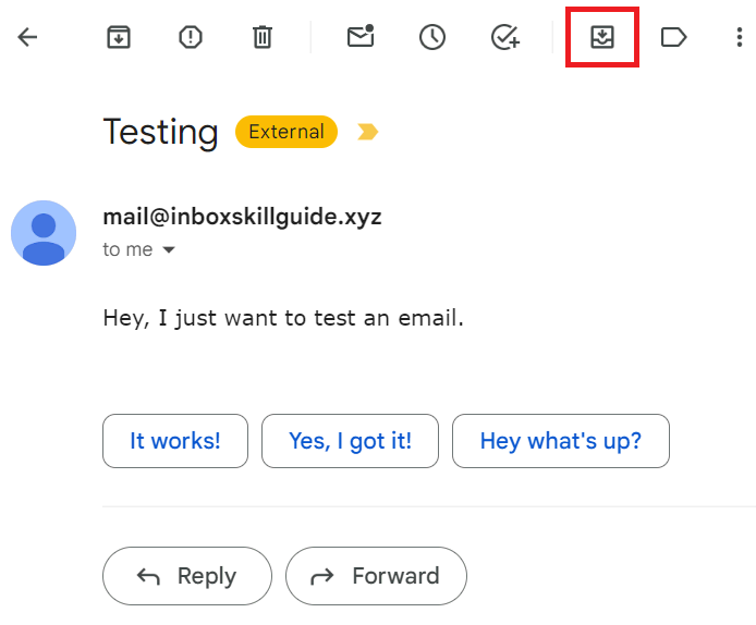Déplacement d'un courriel d'archive vers la boîte de réception de Gmail